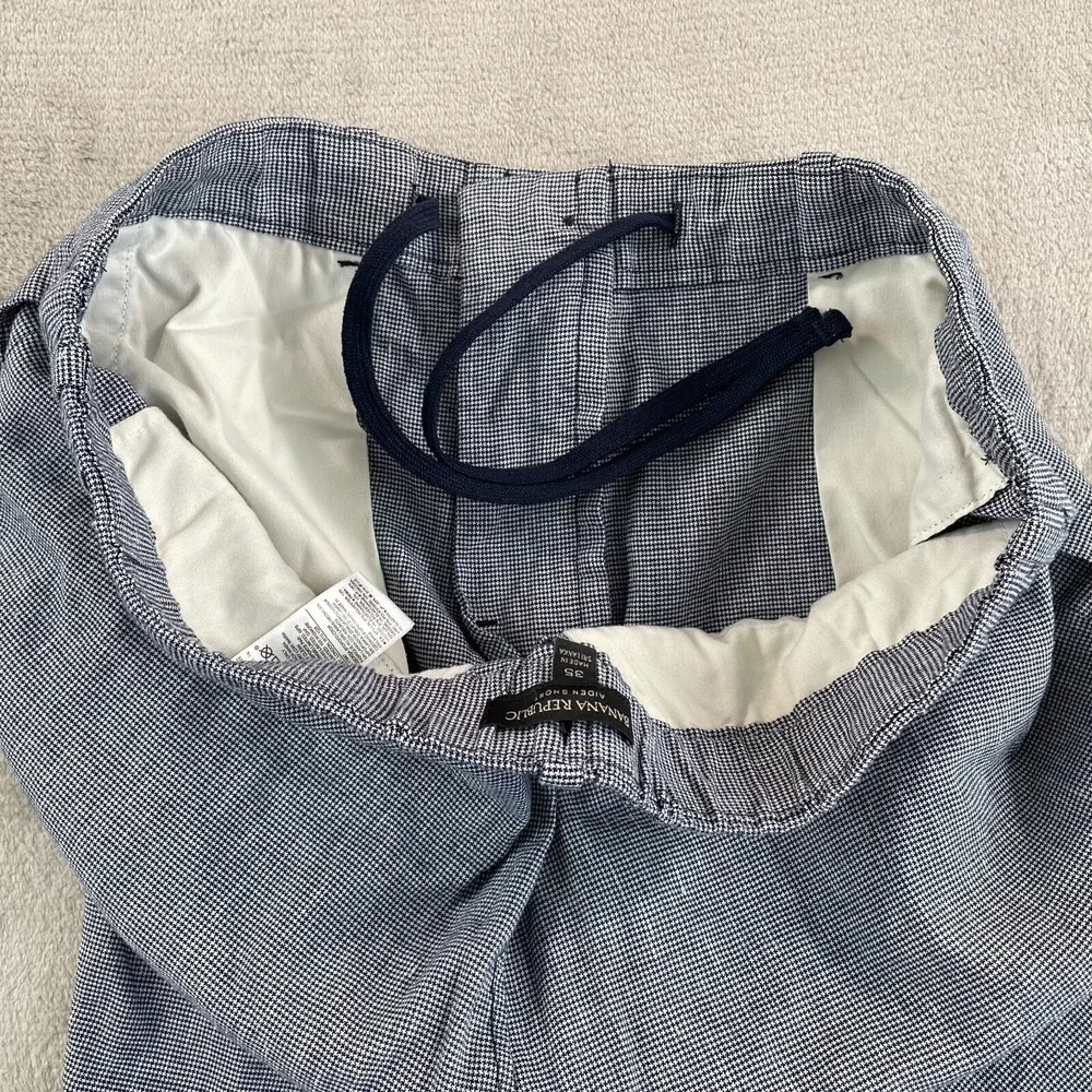 Banana Republic‎ Aiden Shorts Men 35 Blue Houndstooth Linen Blend Chino Casual